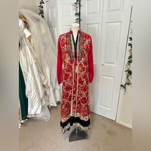 Red Embroidered Long Dress with Floral Design